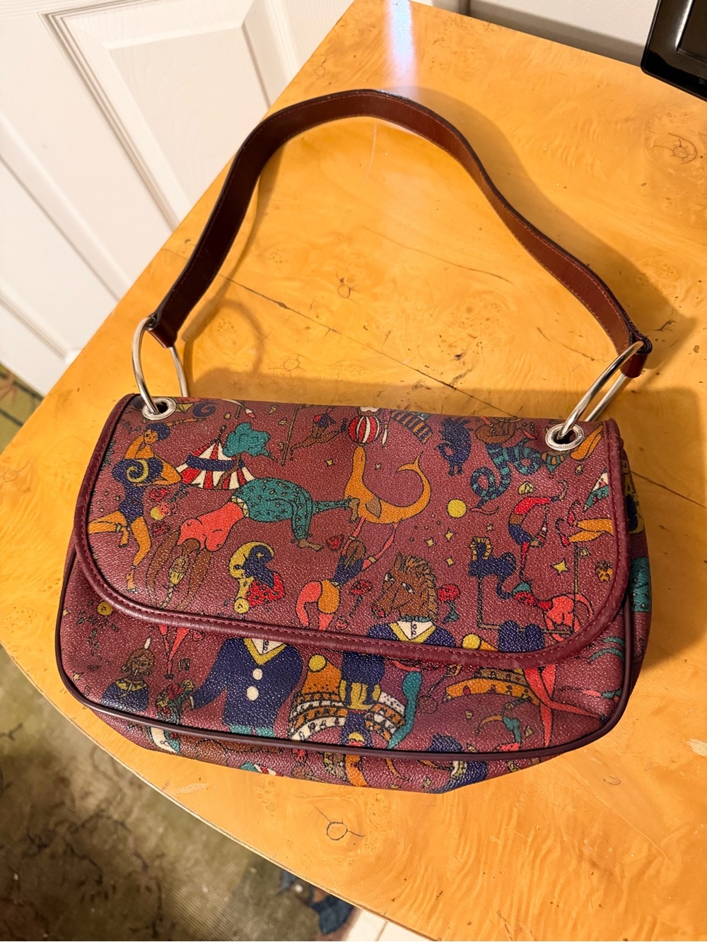 Piero Guidi Burgundy Printed Shoulder Bag with Multicolor Circus Motif